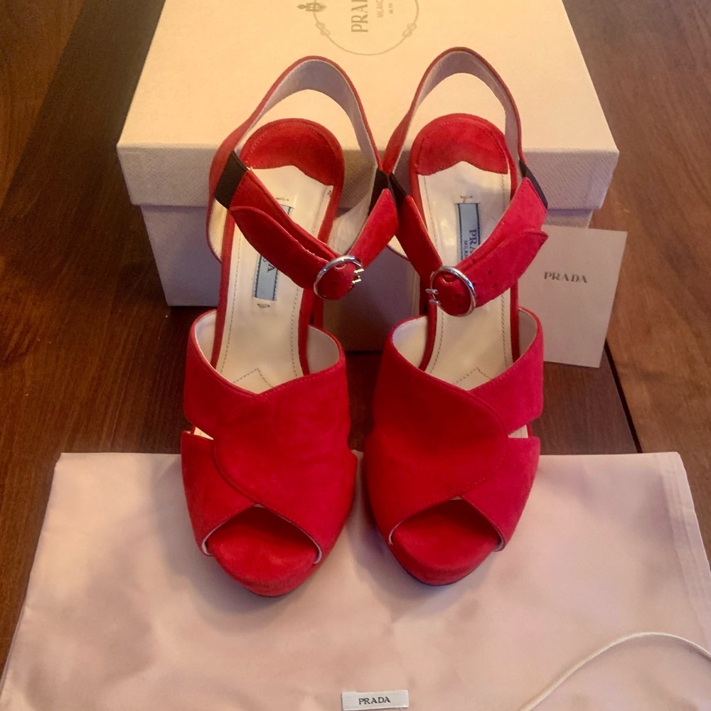 Prada Camoscio Rosso, Vibrant Red Suede Peep-Toe Heels, Size 37, clean/like new